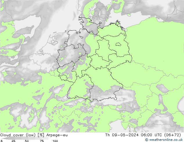 Cloud cover (low) Arpege-eu Th 09.05.2024 06 UTC