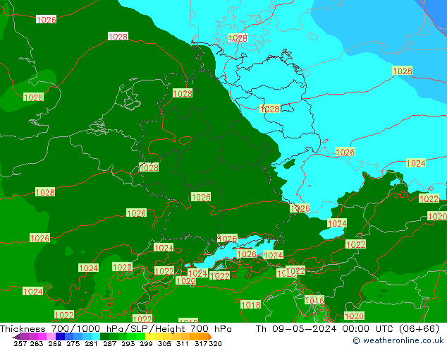 Thck 700-1000 hPa Arpege-eu Th 09.05.2024 00 UTC