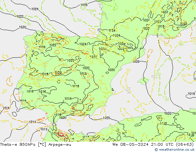 Theta-e 850hPa Arpege-eu wo 08.05.2024 21 UTC