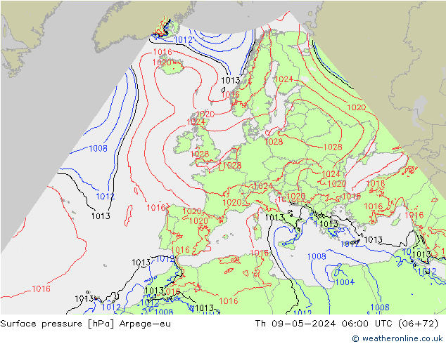 Surface pressure Arpege-eu Th 09.05.2024 06 UTC
