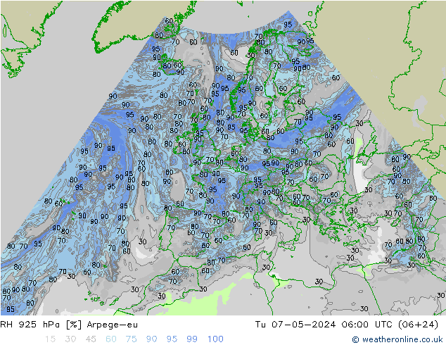 RH 925 hPa Arpege-eu Tu 07.05.2024 06 UTC