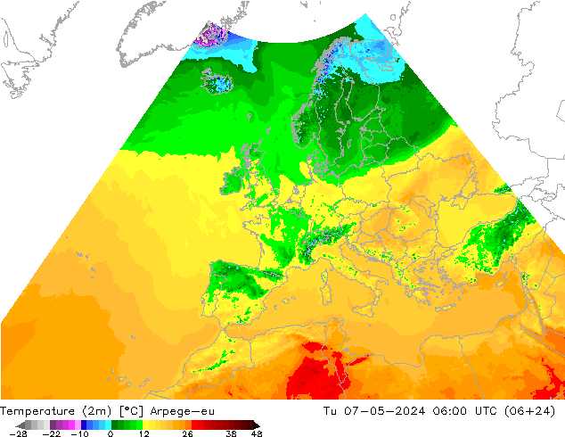 Temperature (2m) Arpege-eu Tu 07.05.2024 06 UTC
