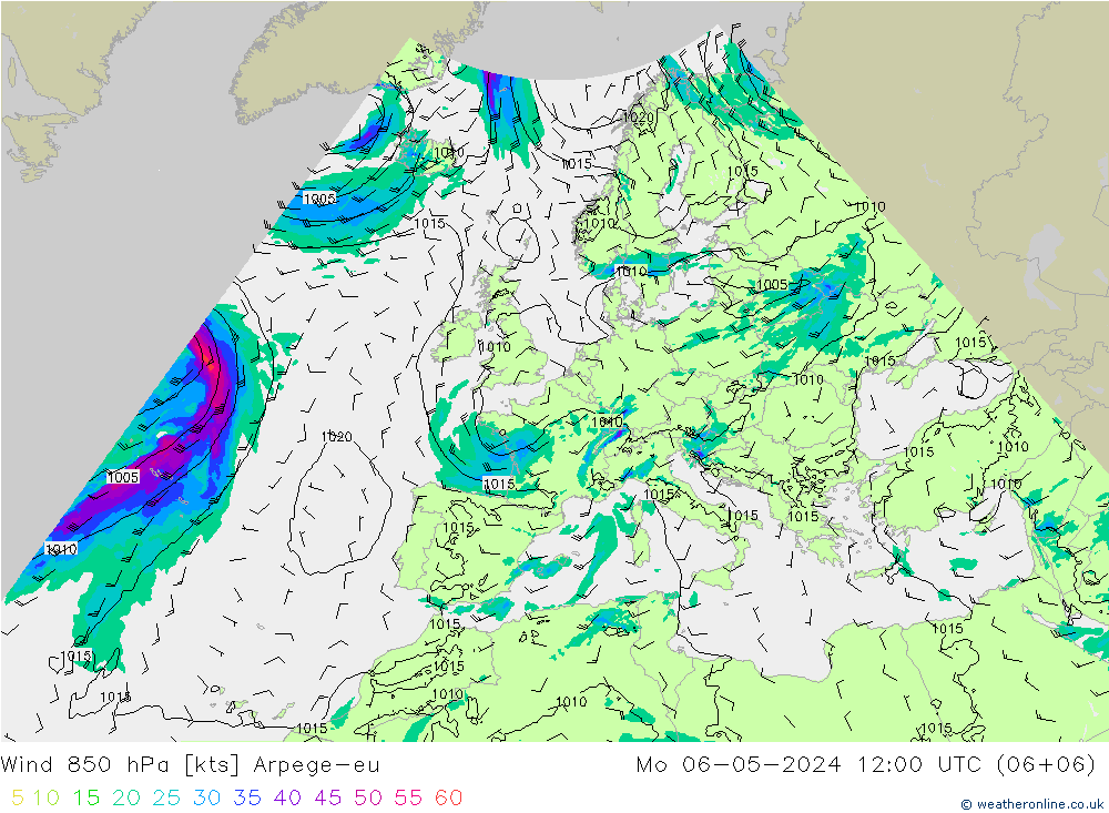 Wind 850 hPa Arpege-eu ma 06.05.2024 12 UTC