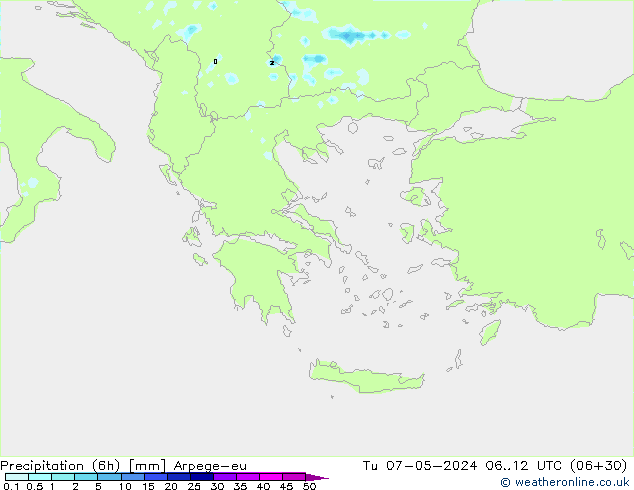 Precipitation (6h) Arpege-eu Tu 07.05.2024 12 UTC