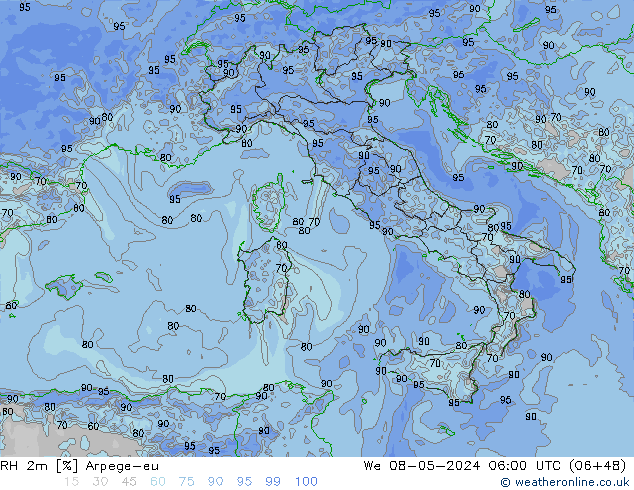 RH 2m Arpege-eu Mi 08.05.2024 06 UTC