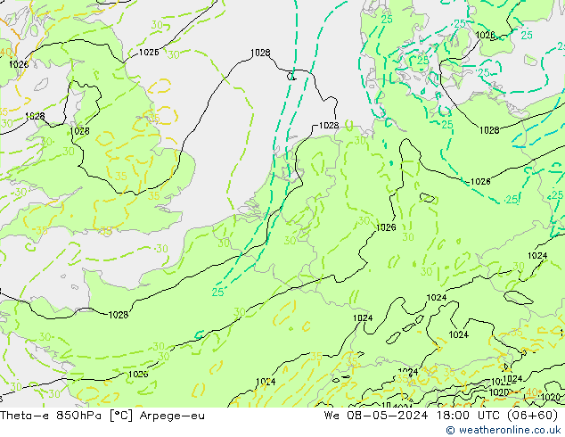 Theta-e 850hPa Arpege-eu  08.05.2024 18 UTC