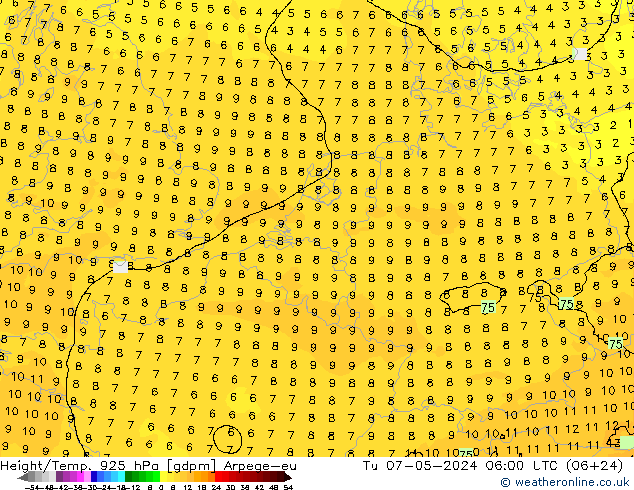 Height/Temp. 925 hPa Arpege-eu Tu 07.05.2024 06 UTC