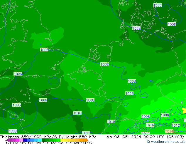 Espesor 850-1000 hPa Arpege-eu lun 06.05.2024 09 UTC