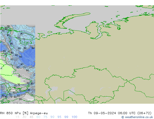 RH 850 hPa Arpege-eu Th 09.05.2024 06 UTC