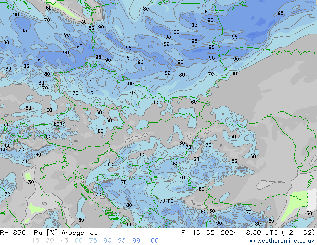 Humedad rel. 850hPa Arpege-eu vie 10.05.2024 18 UTC