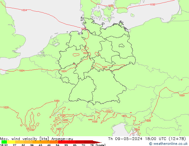Max. wind velocity Arpege-eu Čt 09.05.2024 18 UTC