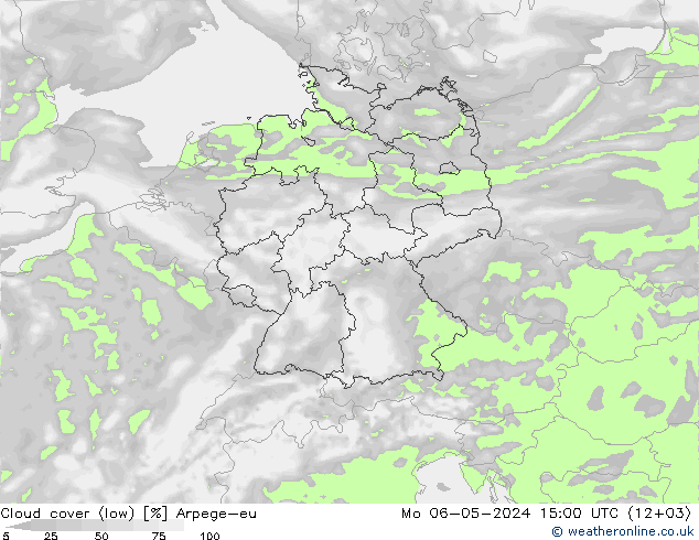 Cloud cover (low) Arpege-eu Mo 06.05.2024 15 UTC