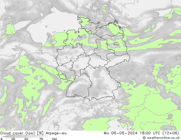 Cloud cover (low) Arpege-eu Mo 06.05.2024 18 UTC