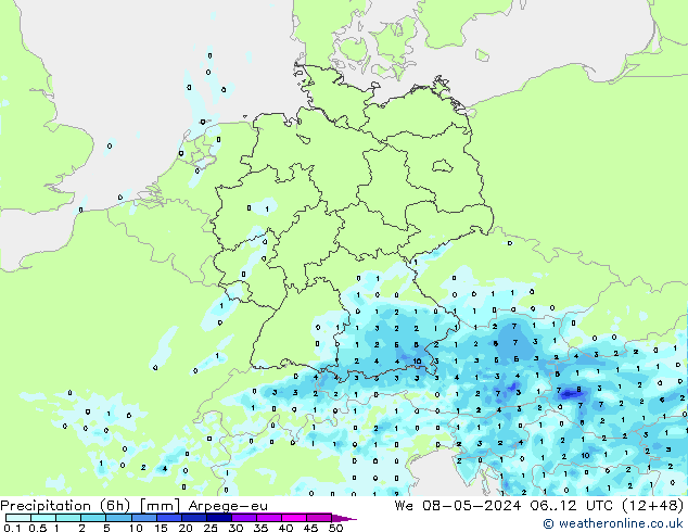 Precipitation (6h) Arpege-eu We 08.05.2024 12 UTC