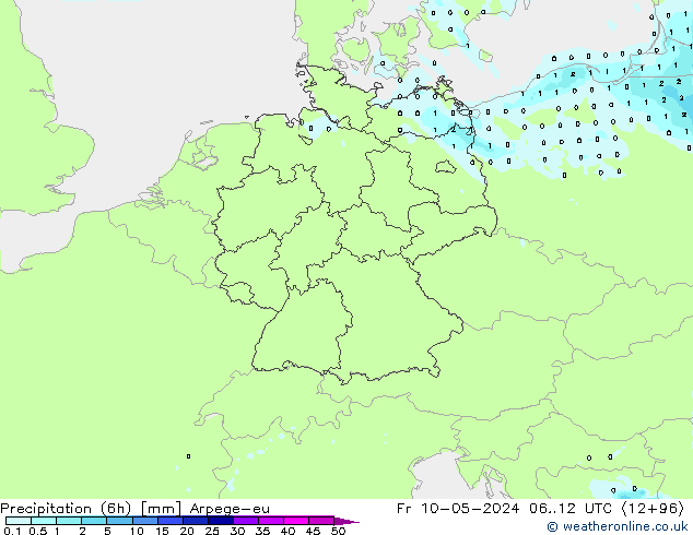 Totale neerslag (6h) Arpege-eu vr 10.05.2024 12 UTC