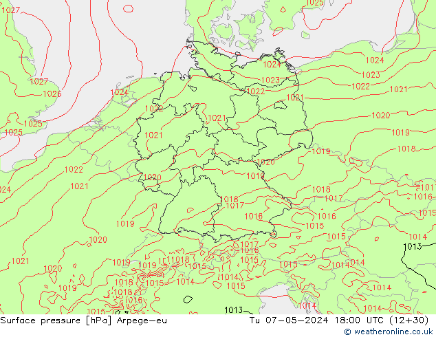 Surface pressure Arpege-eu Tu 07.05.2024 18 UTC