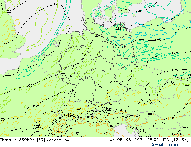 Theta-e 850hPa Arpege-eu mer 08.05.2024 18 UTC