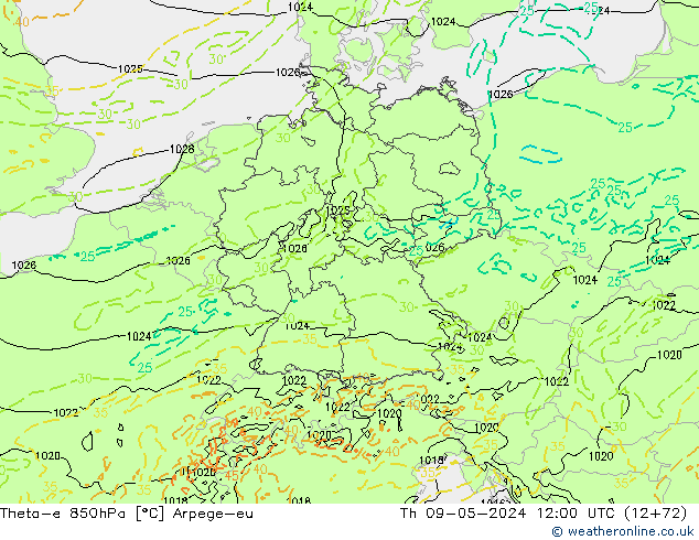 Theta-e 850hPa Arpege-eu  09.05.2024 12 UTC