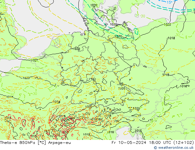 Theta-e 850hPa Arpege-eu pt. 10.05.2024 18 UTC