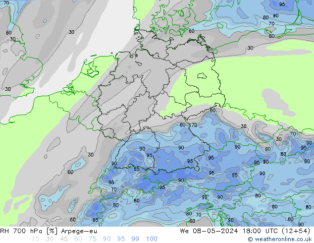 RH 700 hPa Arpege-eu We 08.05.2024 18 UTC