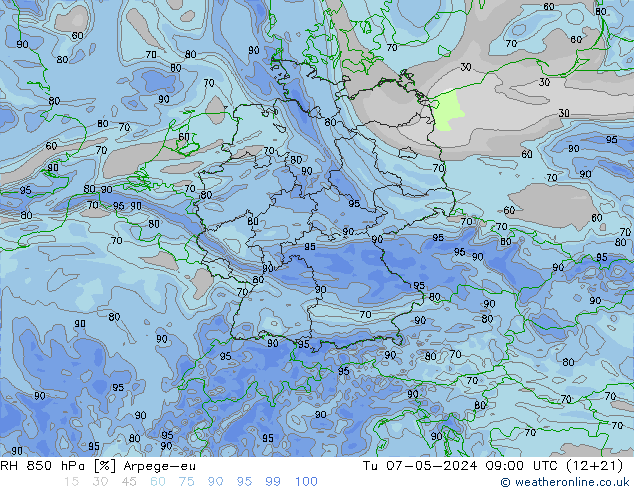 RH 850 hPa Arpege-eu  07.05.2024 09 UTC