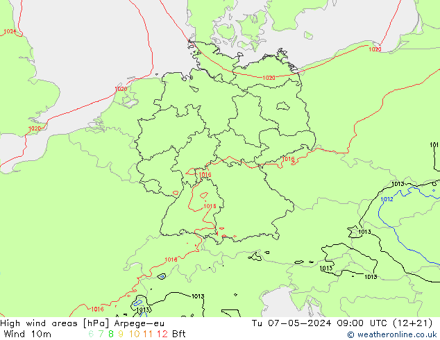 High wind areas Arpege-eu Út 07.05.2024 09 UTC