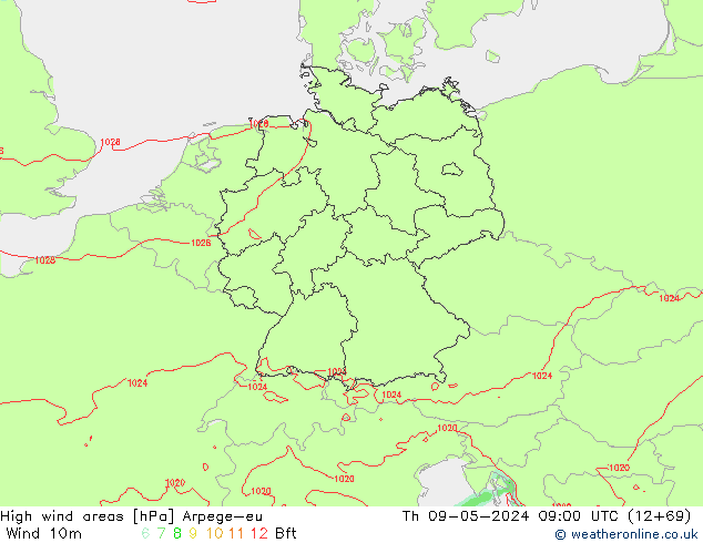 High wind areas Arpege-eu Qui 09.05.2024 09 UTC