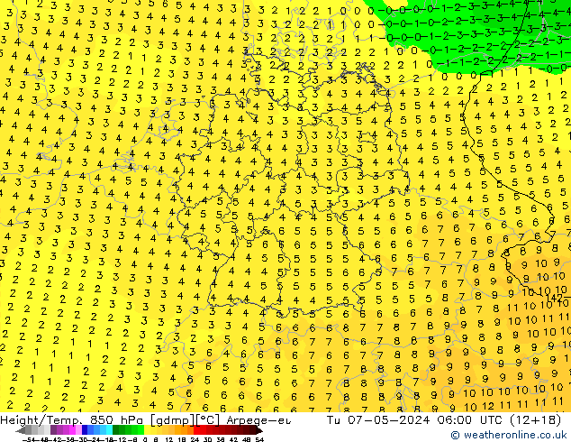 Geop./Temp. 850 hPa Arpege-eu mar 07.05.2024 06 UTC