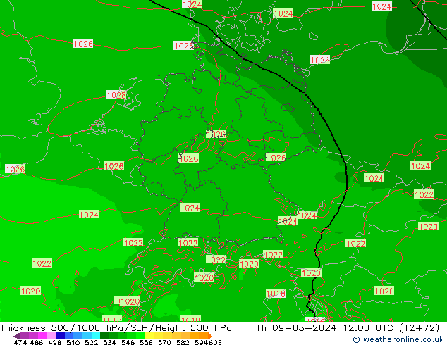 Espesor 500-1000 hPa Arpege-eu jue 09.05.2024 12 UTC