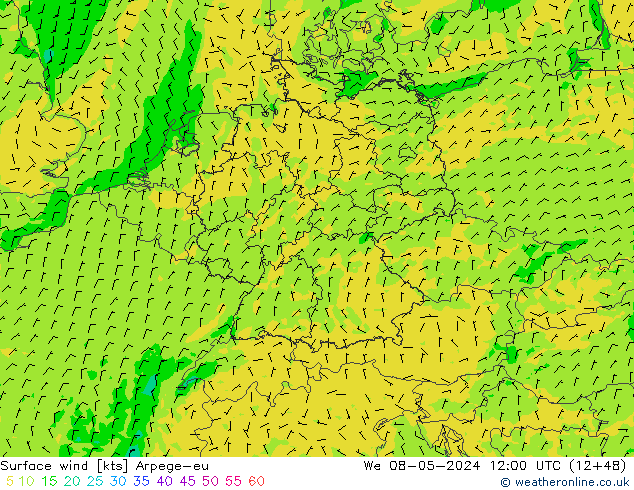 wiatr 10 m Arpege-eu śro. 08.05.2024 12 UTC