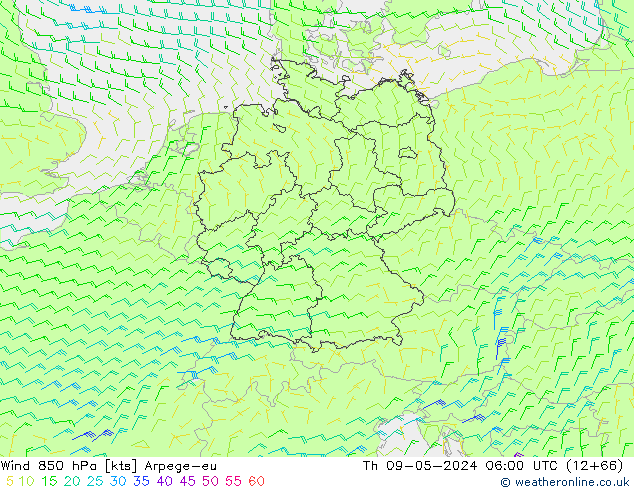 Viento 850 hPa Arpege-eu jue 09.05.2024 06 UTC