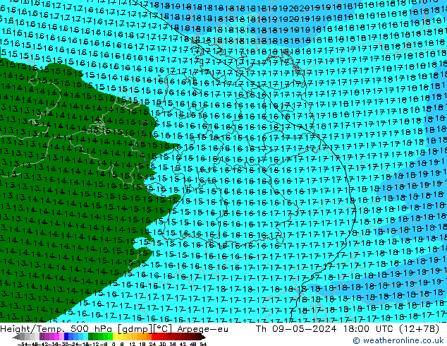 Geop./Temp. 500 hPa Arpege-eu jue 09.05.2024 18 UTC