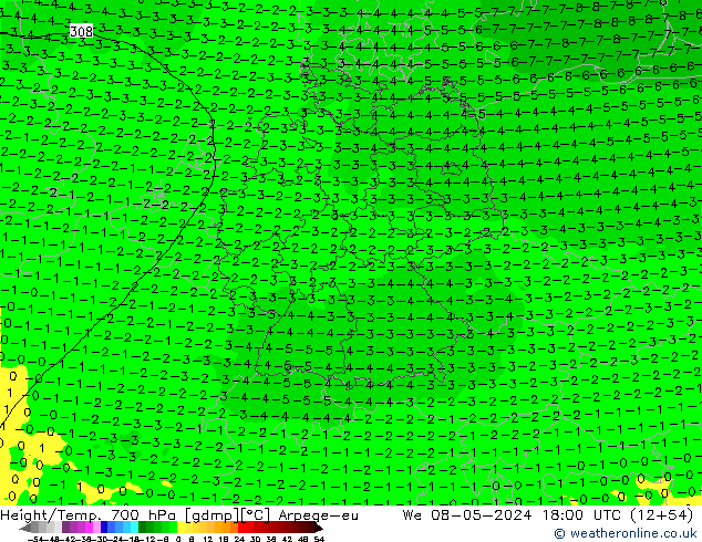 Height/Temp. 700 hPa Arpege-eu mer 08.05.2024 18 UTC