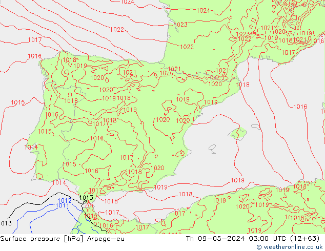 Surface pressure Arpege-eu Th 09.05.2024 03 UTC