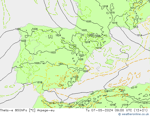Theta-e 850гПа Arpege-eu вт 07.05.2024 09 UTC