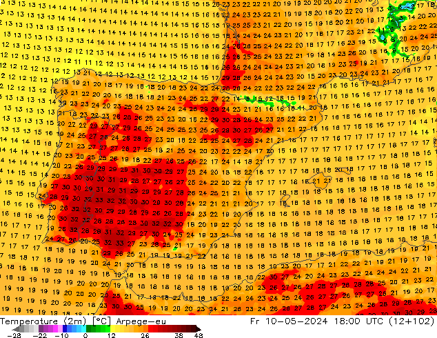 Temperatuurkaart (2m) Arpege-eu vr 10.05.2024 18 UTC