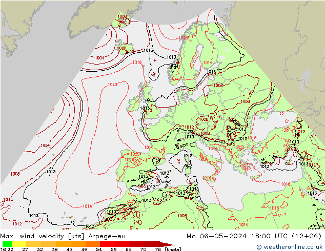 Max. wind velocity Arpege-eu lun 06.05.2024 18 UTC