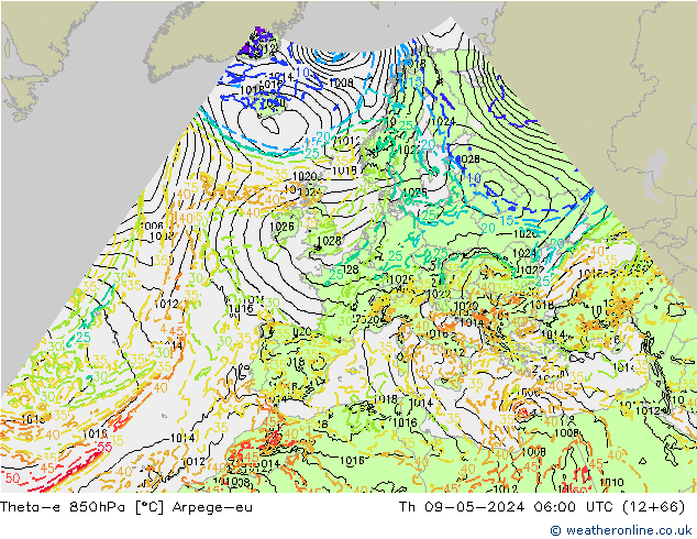 Theta-e 850hPa Arpege-eu czw. 09.05.2024 06 UTC