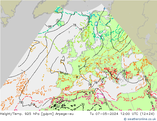 Height/Temp. 925 hPa Arpege-eu mar 07.05.2024 12 UTC