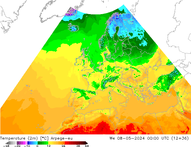 Temperaturkarte (2m) Arpege-eu Mi 08.05.2024 00 UTC