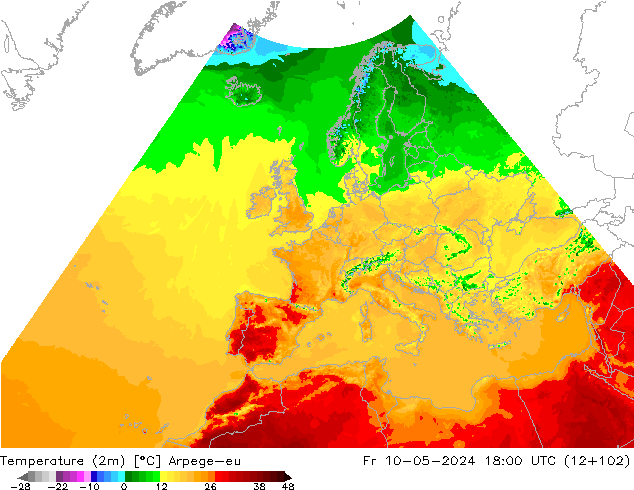 Temperaturkarte (2m) Arpege-eu Fr 10.05.2024 18 UTC