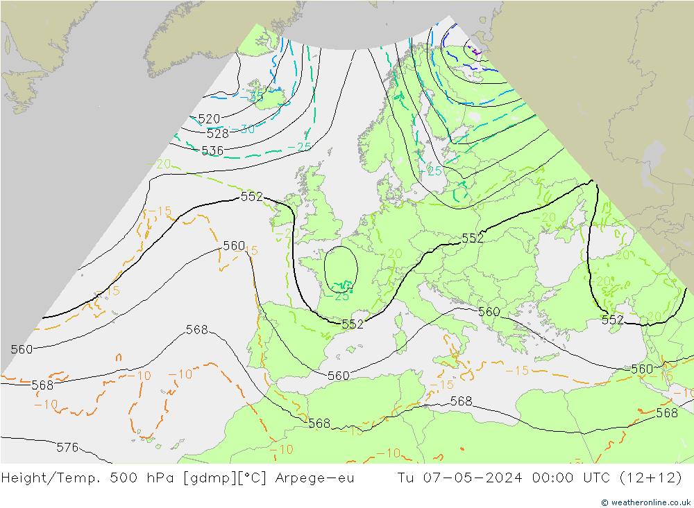 Hoogte/Temp. 500 hPa Arpege-eu di 07.05.2024 00 UTC