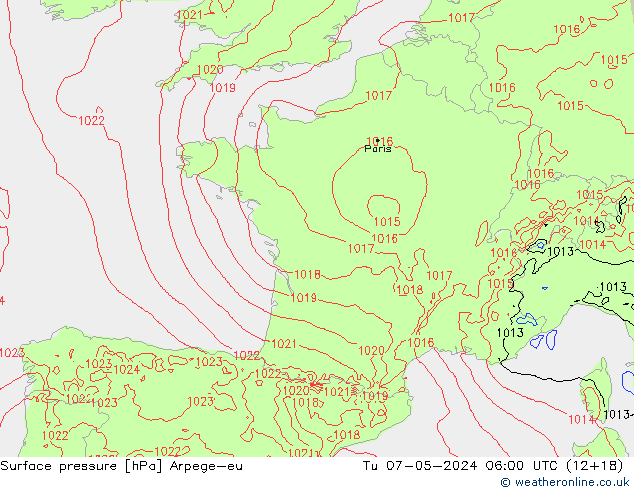 Surface pressure Arpege-eu Tu 07.05.2024 06 UTC