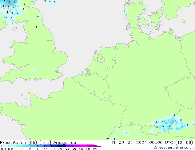 Totale neerslag (6h) Arpege-eu do 09.05.2024 06 UTC