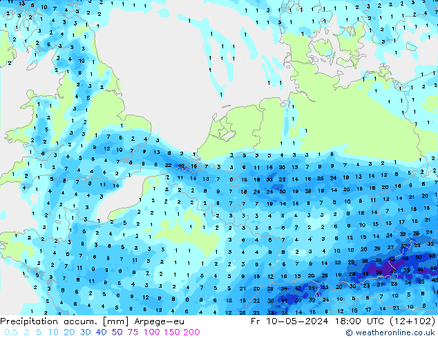 Precipitation accum. Arpege-eu Fr 10.05.2024 18 UTC