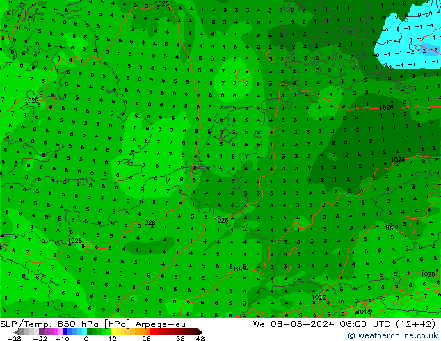 SLP/Temp. 850 hPa Arpege-eu mié 08.05.2024 06 UTC