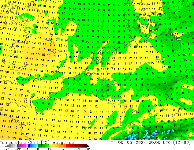 Temperaturkarte (2m) Arpege-eu Do 09.05.2024 00 UTC