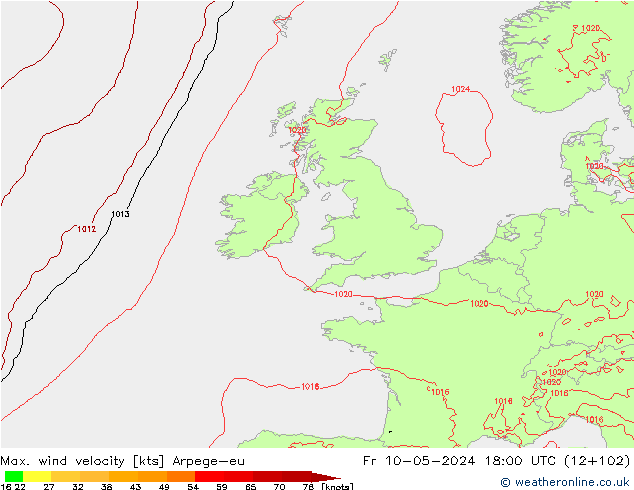 Max. wind velocity Arpege-eu Fr 10.05.2024 18 UTC