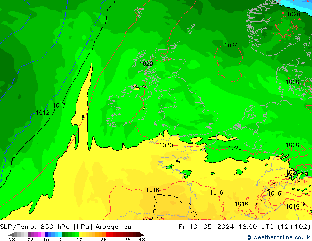 SLP/Temp. 850 hPa Arpege-eu Fr 10.05.2024 18 UTC