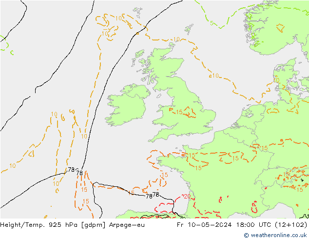 Yükseklik/Sıc. 925 hPa Arpege-eu Cu 10.05.2024 18 UTC